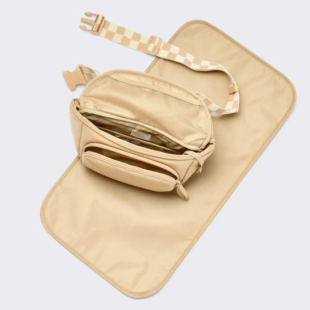 Cloud Island Tan Faux Leather Diaper Fanny Pack Waist Bag Checkered Strap NEW